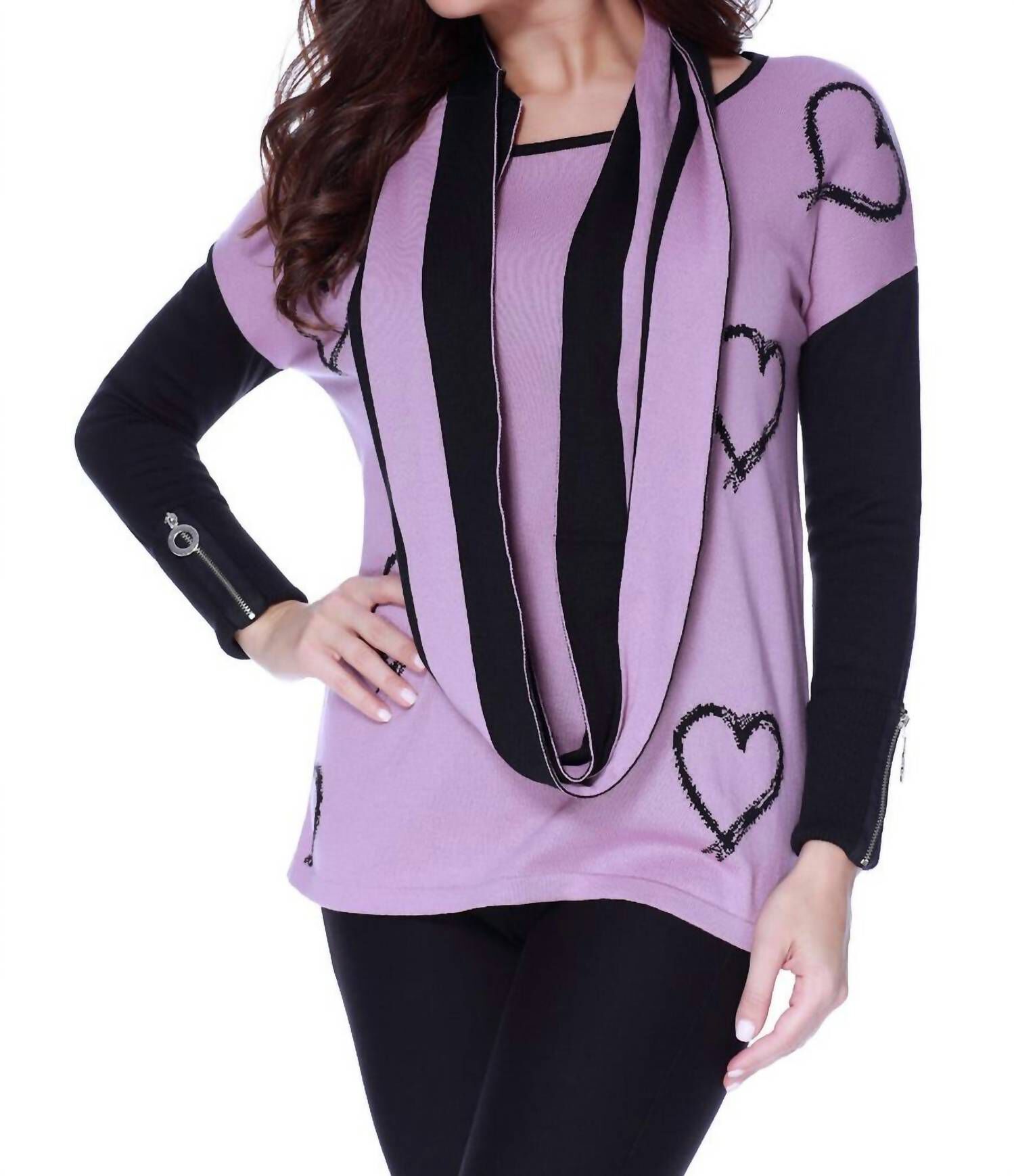 HEARTS PULLOVER W/ INFINITY SCARF IN ROSE, Rose / Purple, hi-res image number 0