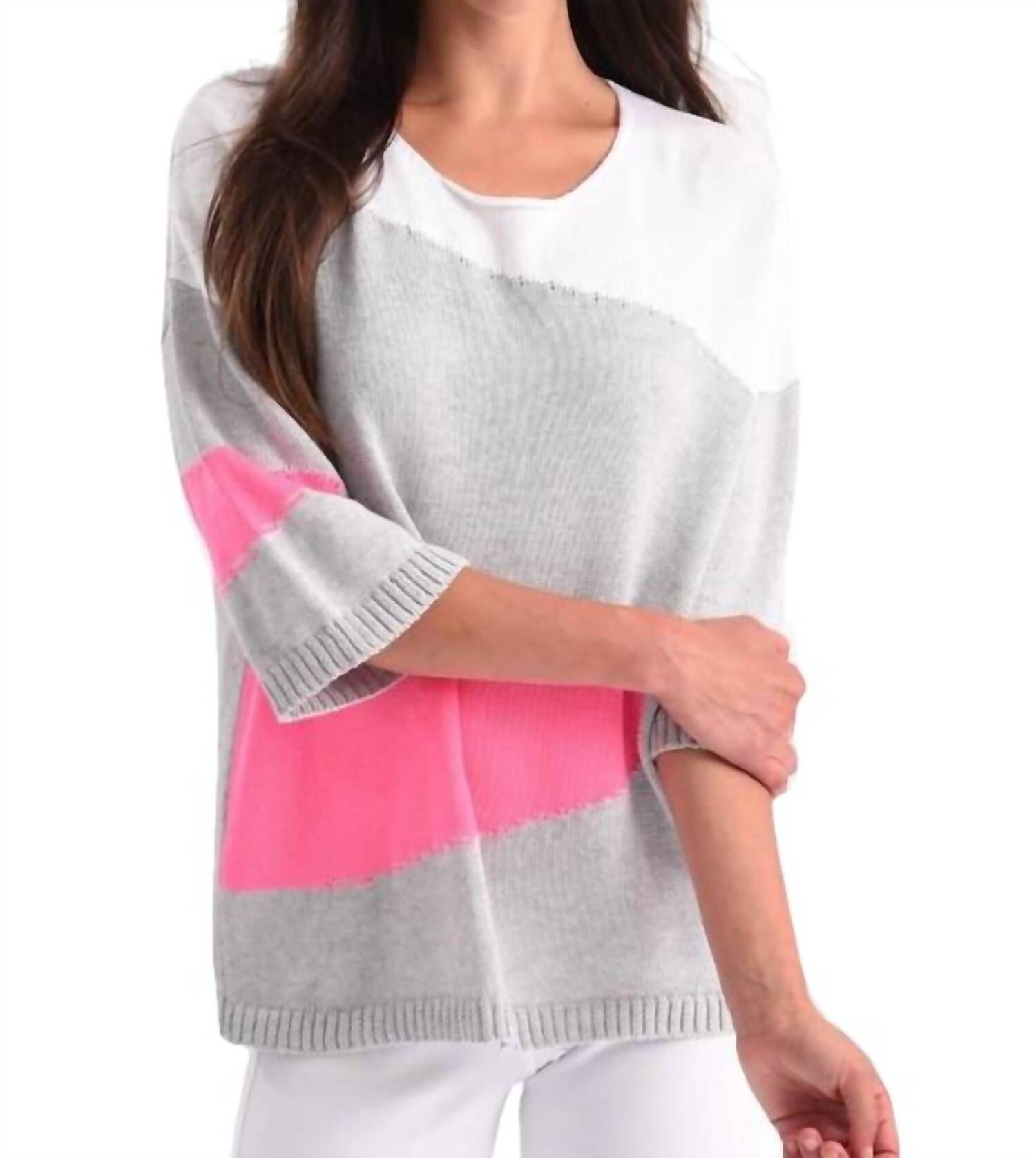 ABSTRACT 3/4 SLEEVE SWEATER IN GRAY MULTI, Gray Multi / Warm Grey, hi-res image number 0