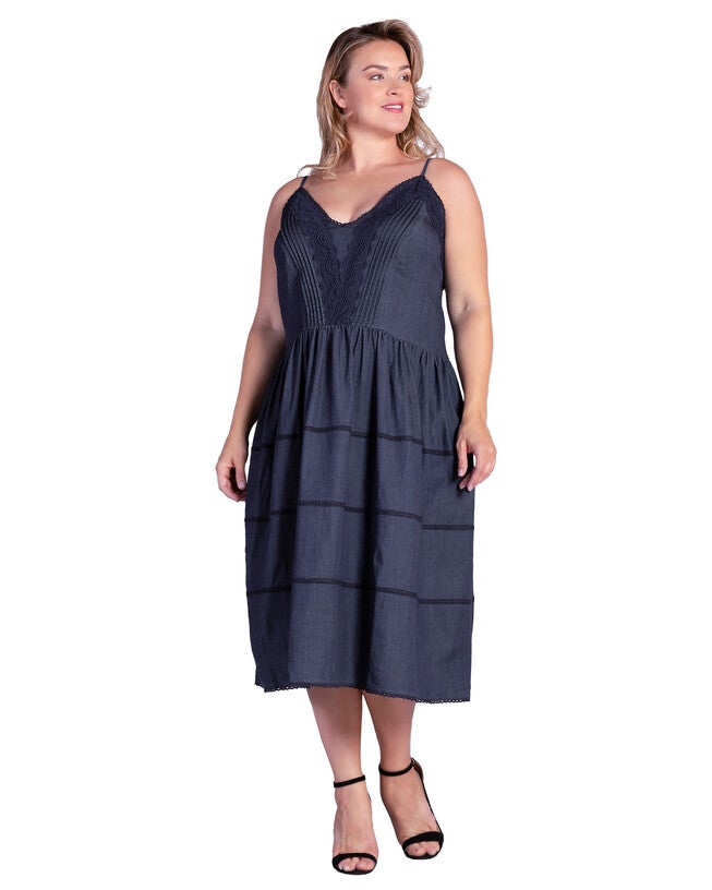 Women's Plus Size Lace Trim Spaghetti Strap Tencel Midi Dress, Dark Indigo / Dark Wash, hi-res image number 0