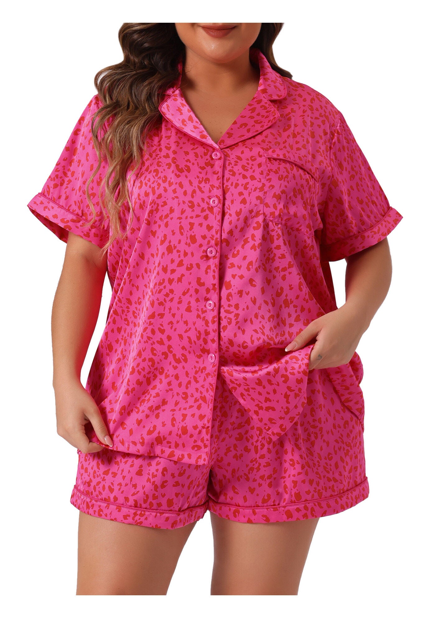 Button Shirt and Shorts 2 Pieces Lounge Set, Hot Pink / Deep Fuchsia, alternate image number 2