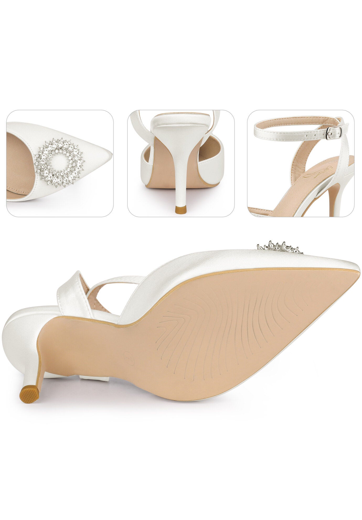 Rhinestones Ankle Strap Stiletto Heel Pumps, White / White, alternate image number 3