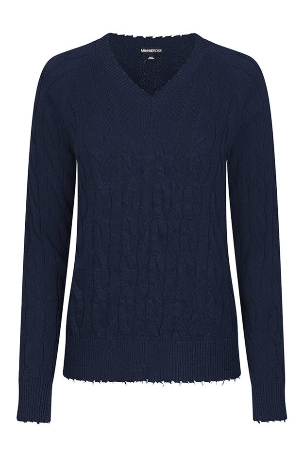 Cotton frayed edge cable v neck, Navy / Navy, hi-res image number 0