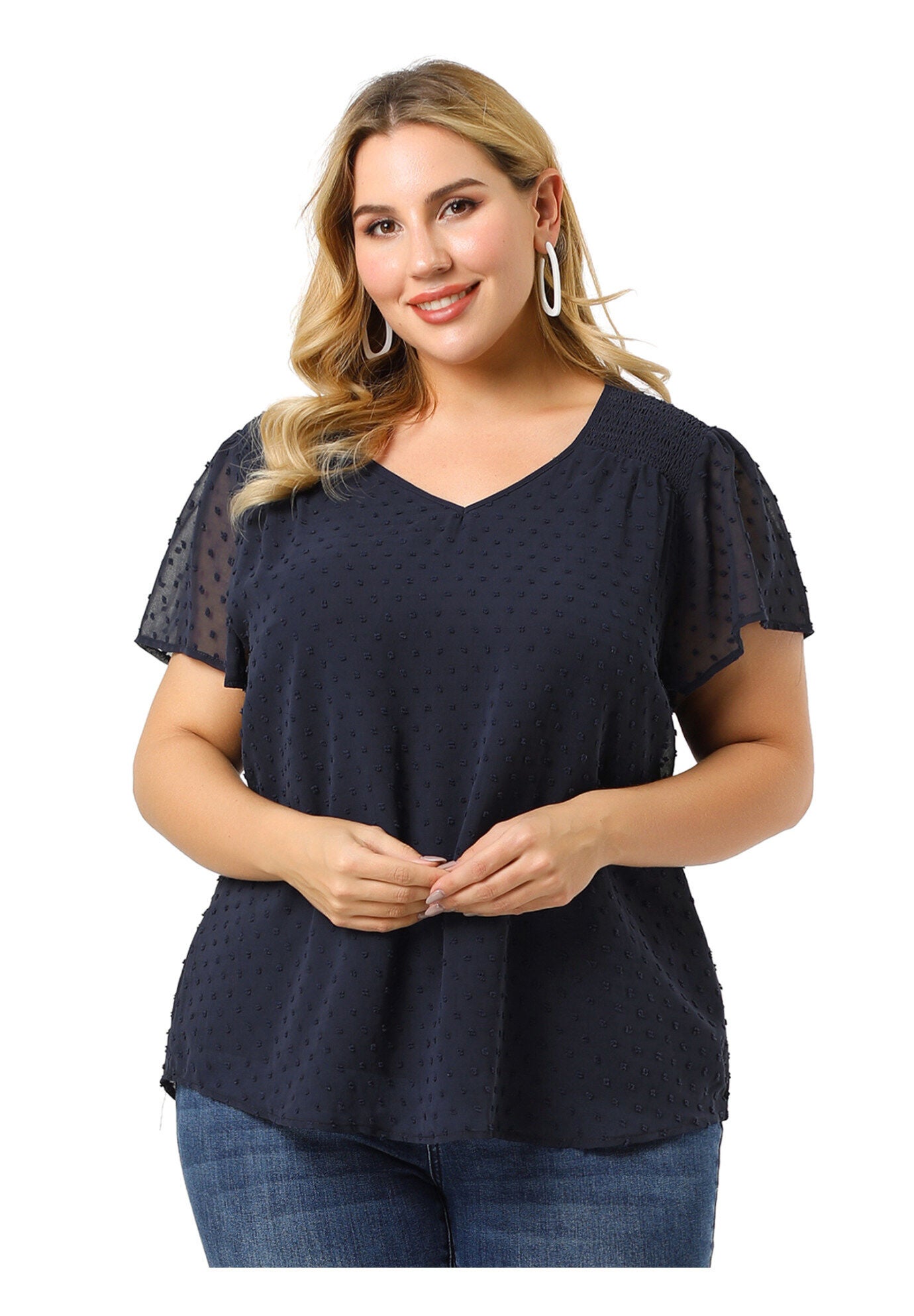 Pin Dots Smocked Flare Sleeve Blouses Tee Top, Royal Blue / Royal Blue, hi-res image number 0