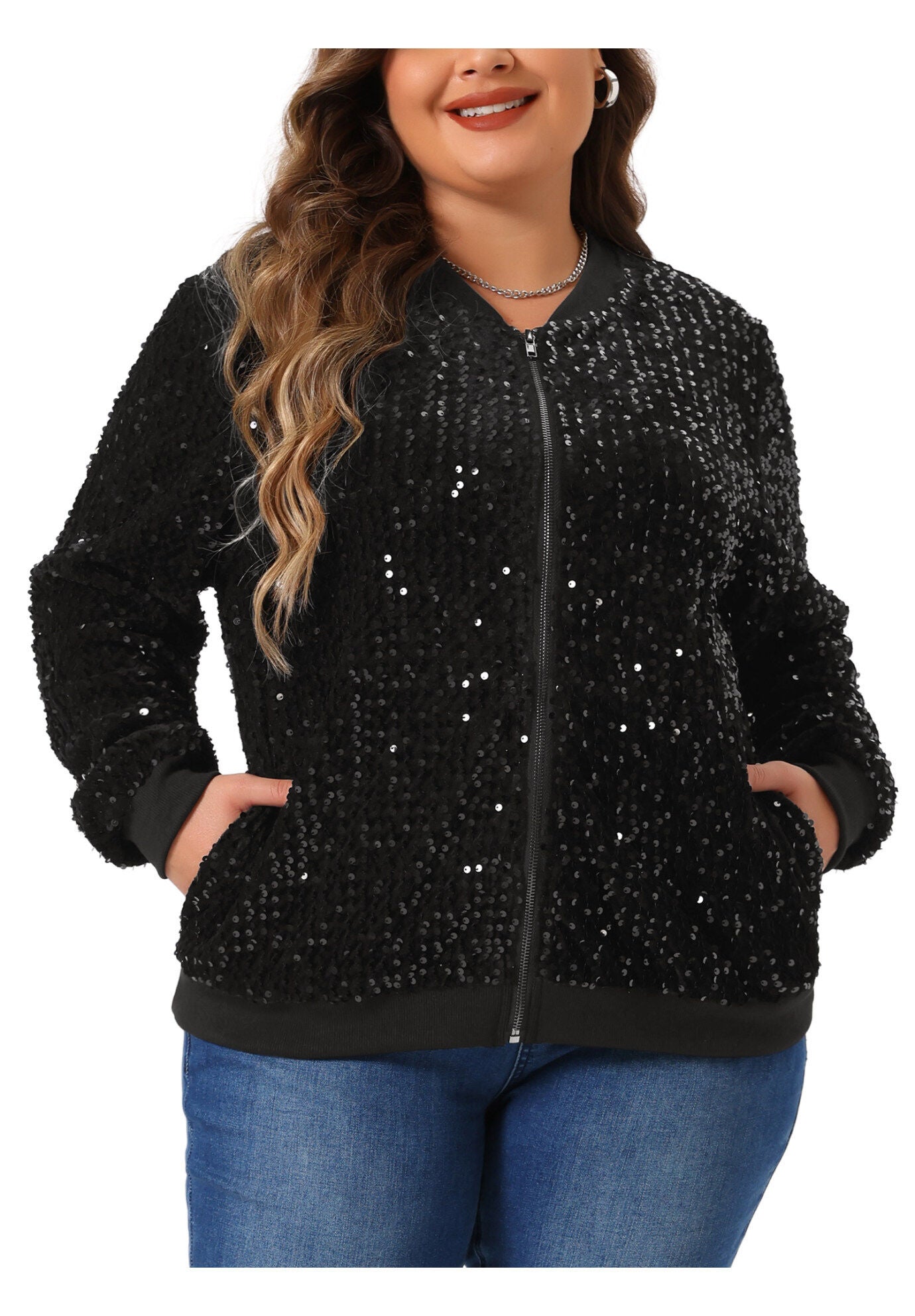 SEQUIN SPARKLE FRONT ZIP BOMBER JACKET, Black / Black, alternate image number 1