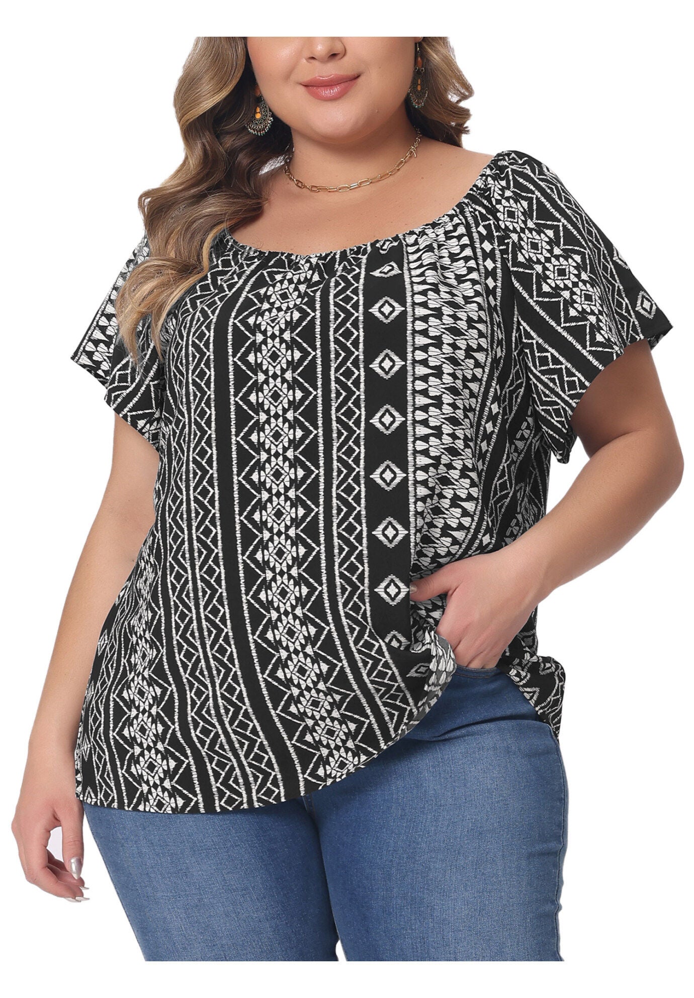 BOHO OFF SHOULDER SHORT SLEEVE CASUAL T-SHIRT TOP, Black / Black, alternate image number 3