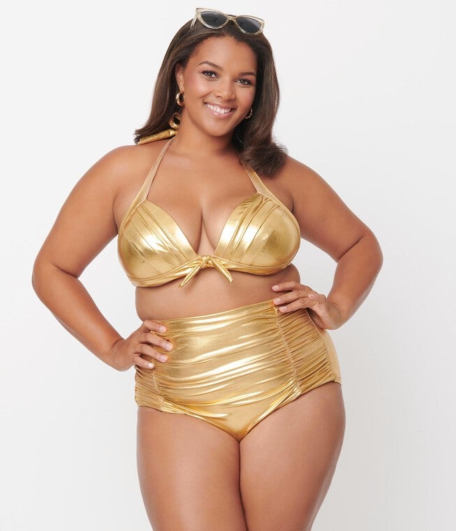 Unique Vintage Gold Monroe High Waist Swim Bottom, Metallic / Gold, hi-res image number null