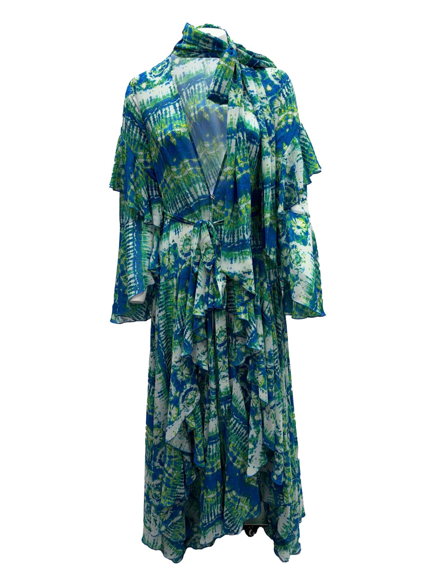 Korinne Deluxe Kaftan With Neck Tie Blue & Green Batik Print, Blue / Azure Blue, hi-res image number 0
