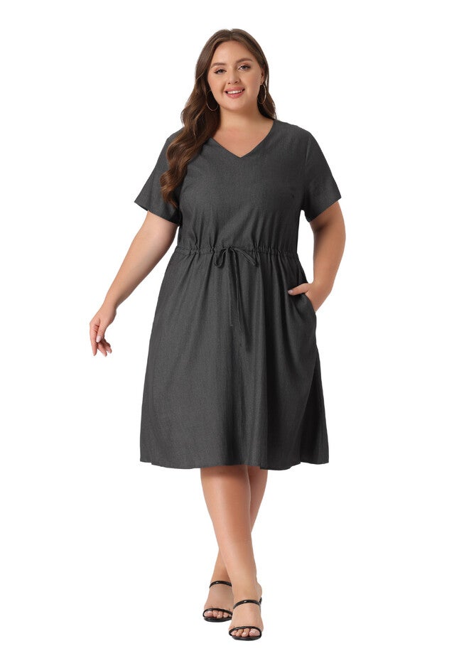 V Neck Short Sleeve A Line Flowy Midi Chambray Dress, Grey Black / Charcoal Grey, alternate image number 2