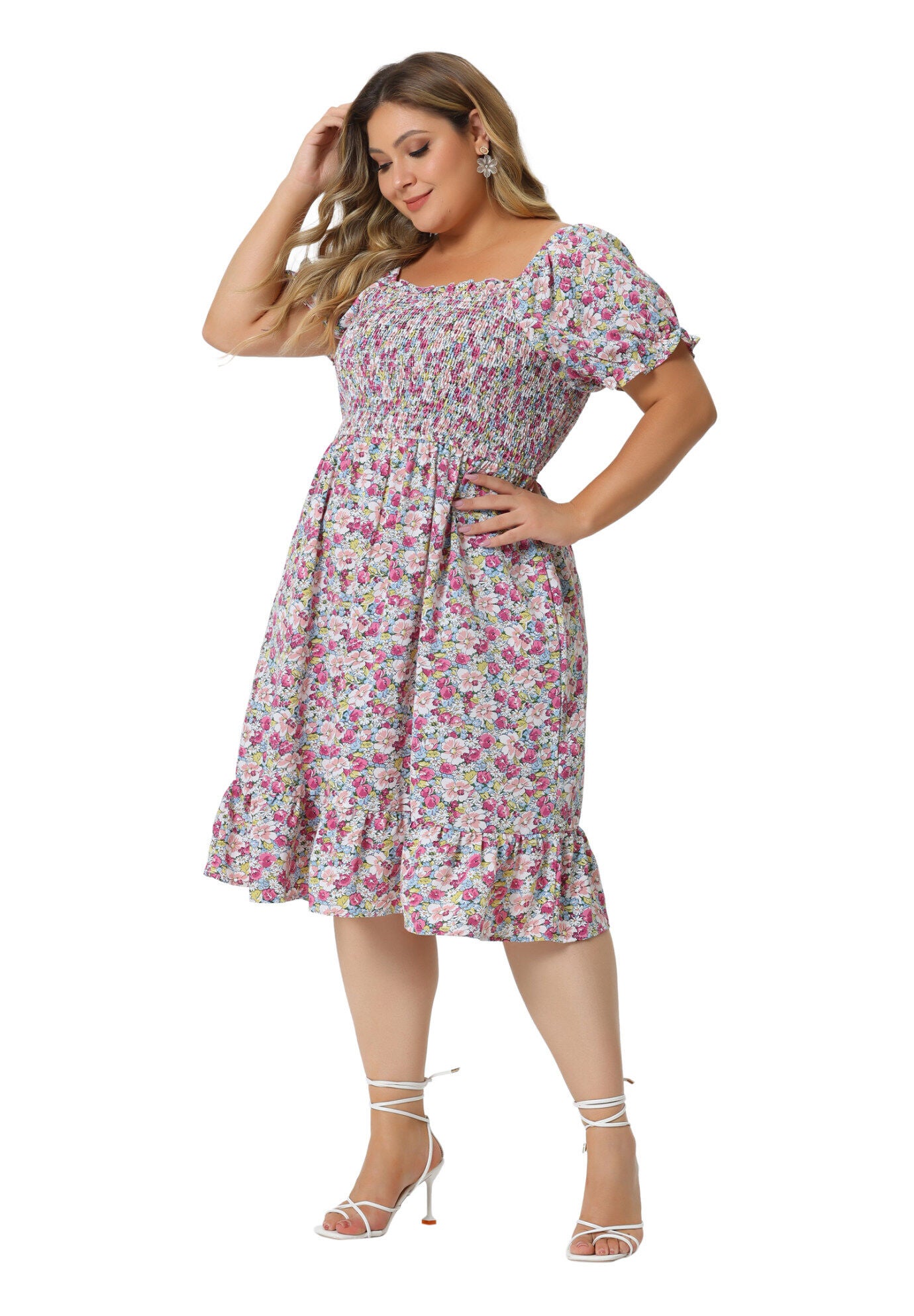 Ruffle Short Sleeve Flared Flowy Smock Floral Print Dress, Pink / Pink, hi-res image number 0