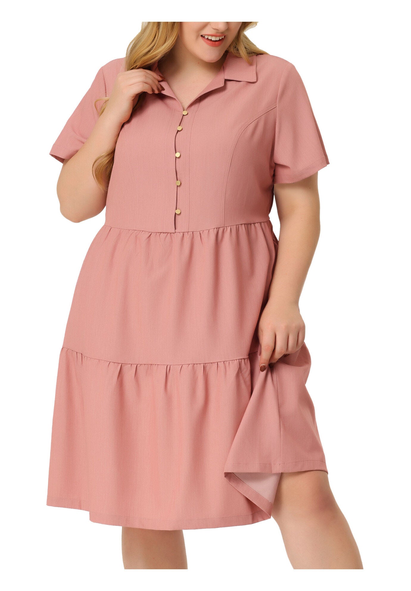 Short Sleeve Button Down Flowy Tiered Shirt Chambray Dress, Pink / Pink, alternate image number 1