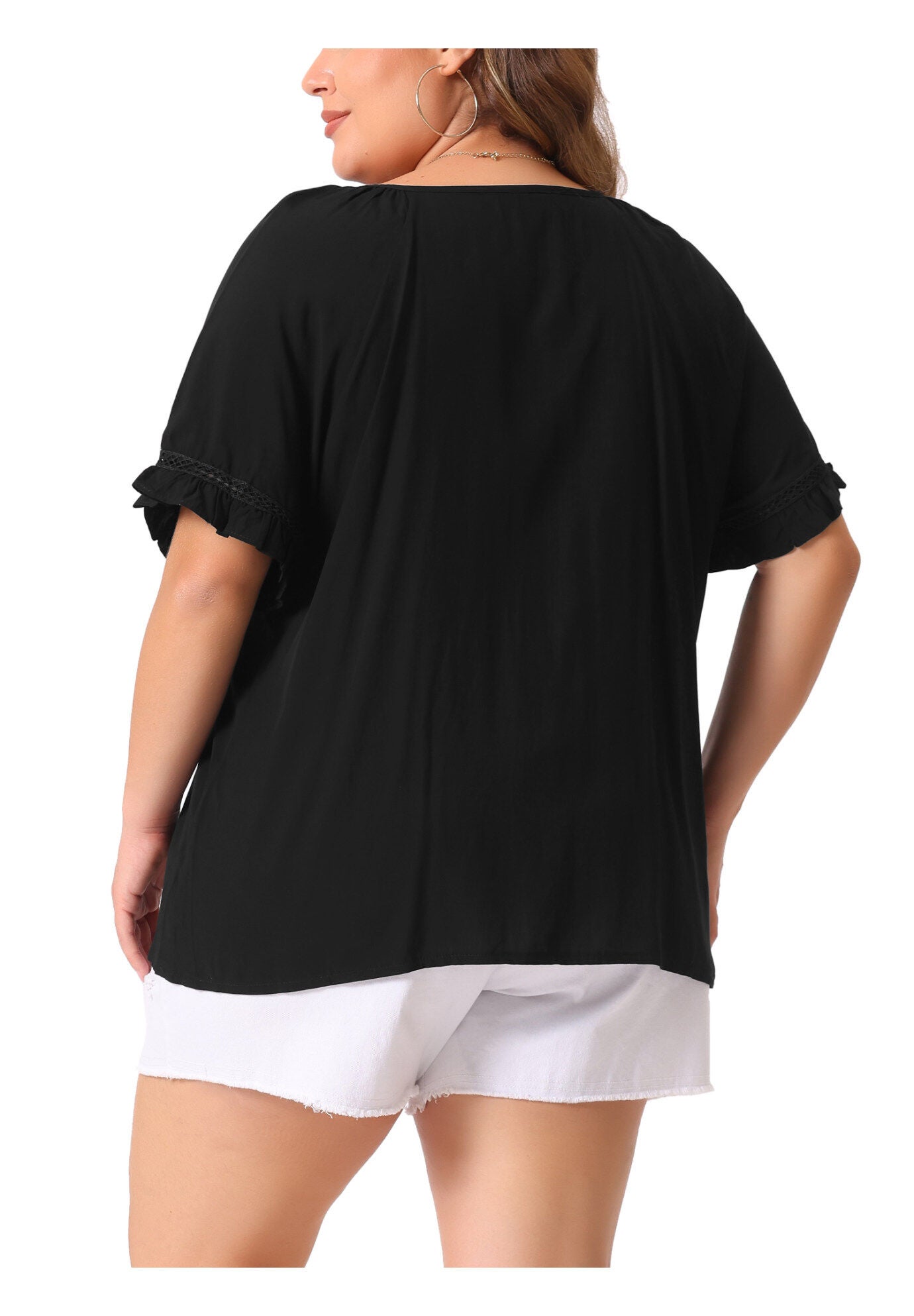 TIE NECK RUFFLE SHORT SLEEVE LACE CROCHET BLOUSE TOP, Black / Black, alternate image number 3