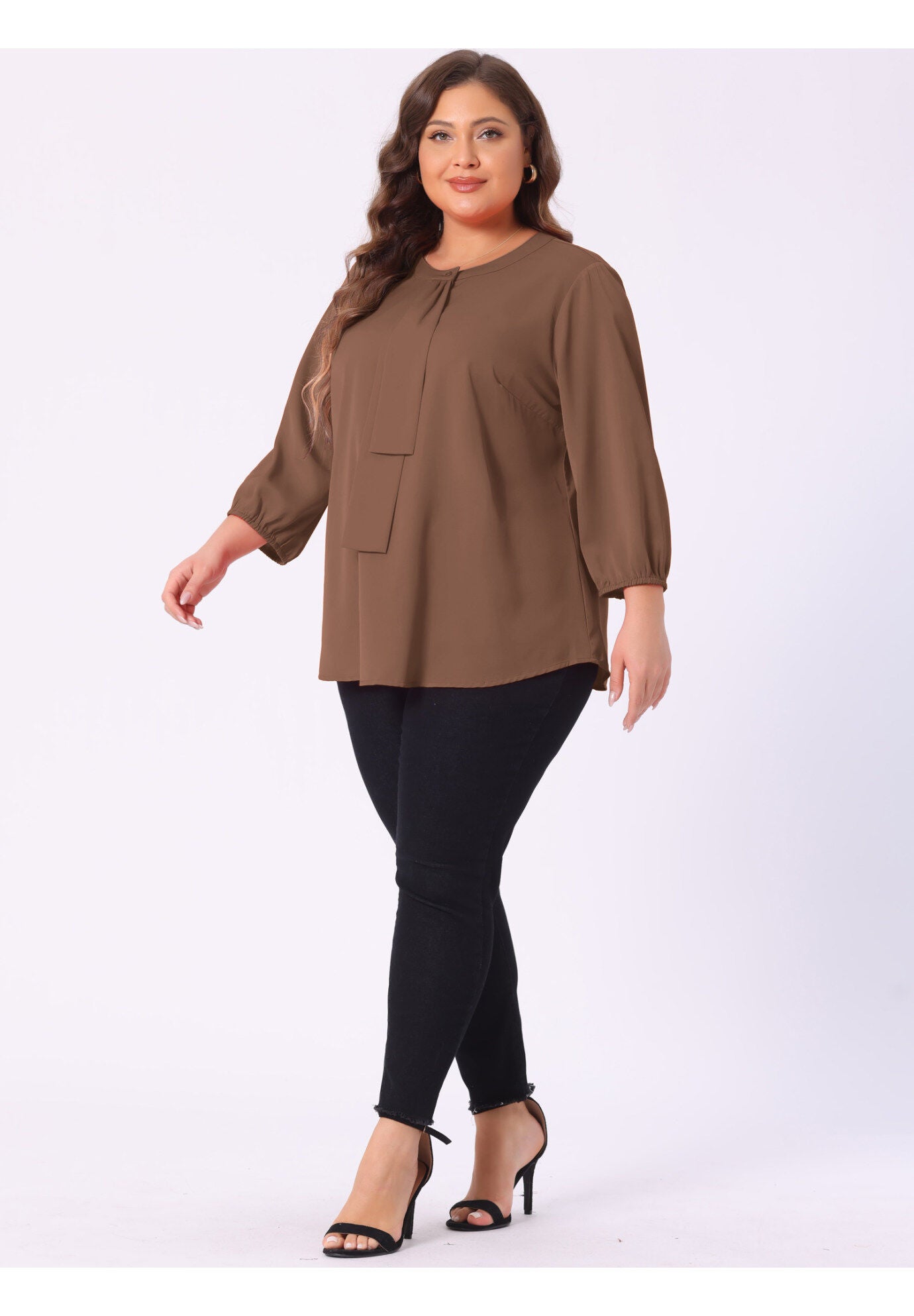 Work Round Neck Ruffle Chiffon Blouse Top, Dark Brown / Brown, hi-res image number 0