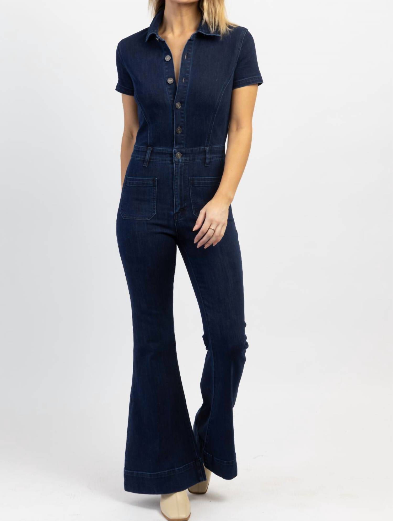 Good Karma Denim Flare Jumpsuit In Blue, Blue / Dusty Blue, hi-res image number 0