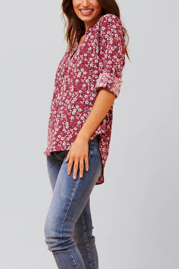 Elie Top Floral Ditsy Print V Neck Blouse Red, Red / Red, alternate image number 1