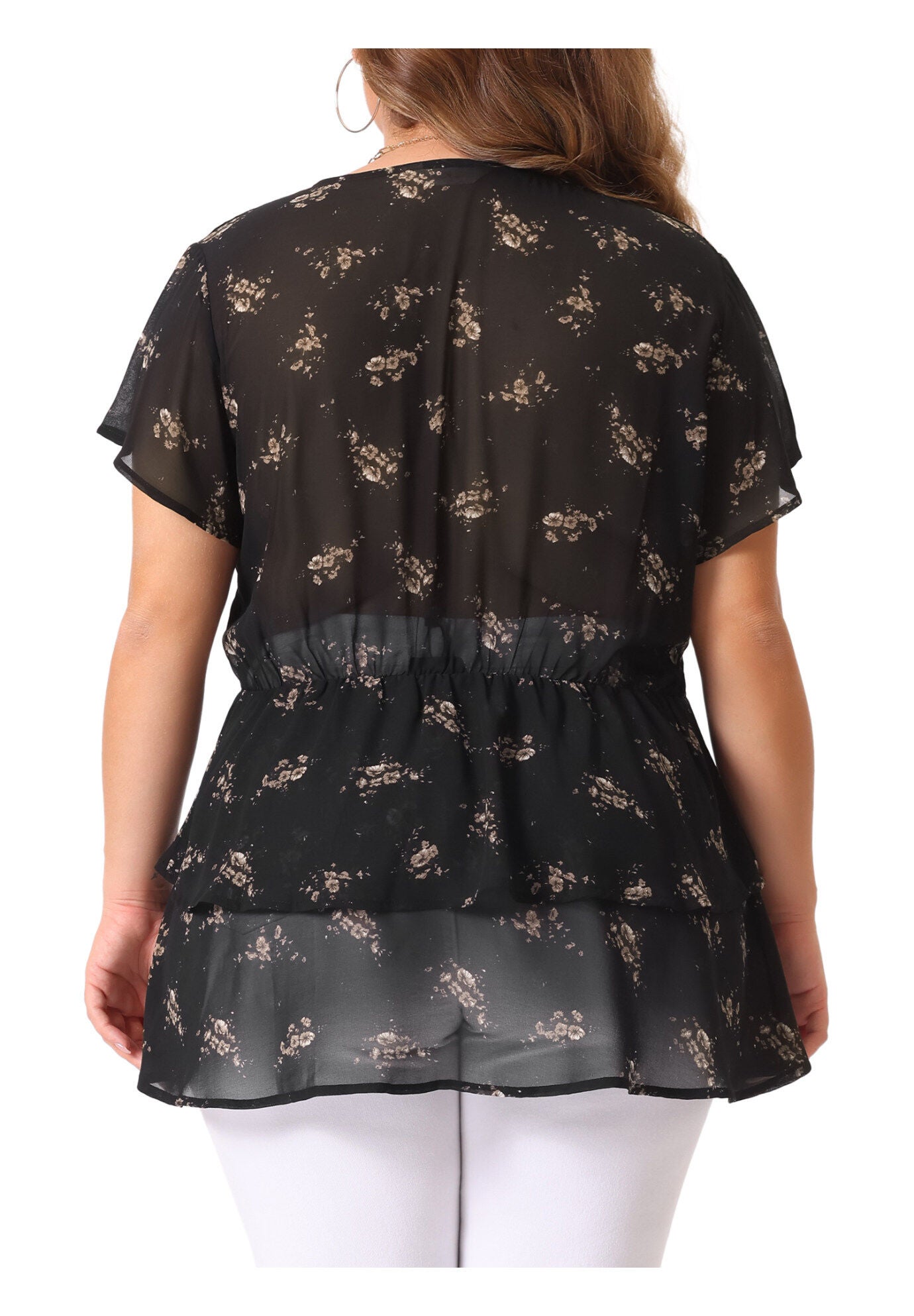 Short Sleeve Layered Casual Floral Blouse Summer Top, Dark Black / Black, alternate image number 3