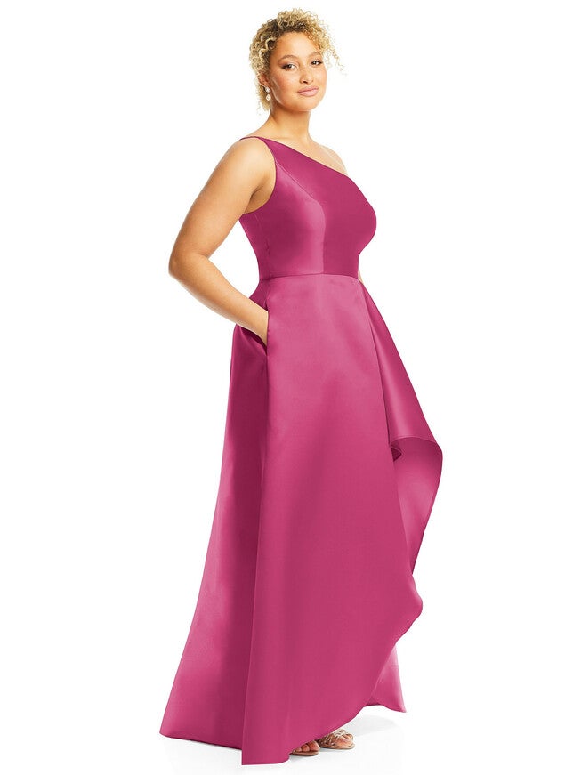 One-Shoulder Satin Gown with Draped Front Slit and Pockets, Tea Rose / Raspberry, alternate image number null