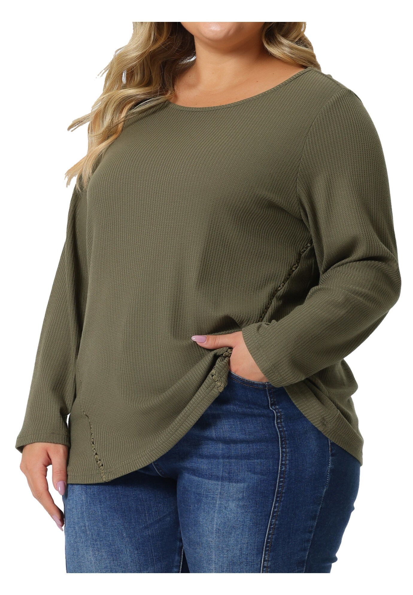 WAFFLE KNIT CAUSAL ROUND NECK TOP, Green / Sage Green, alternate image number 2