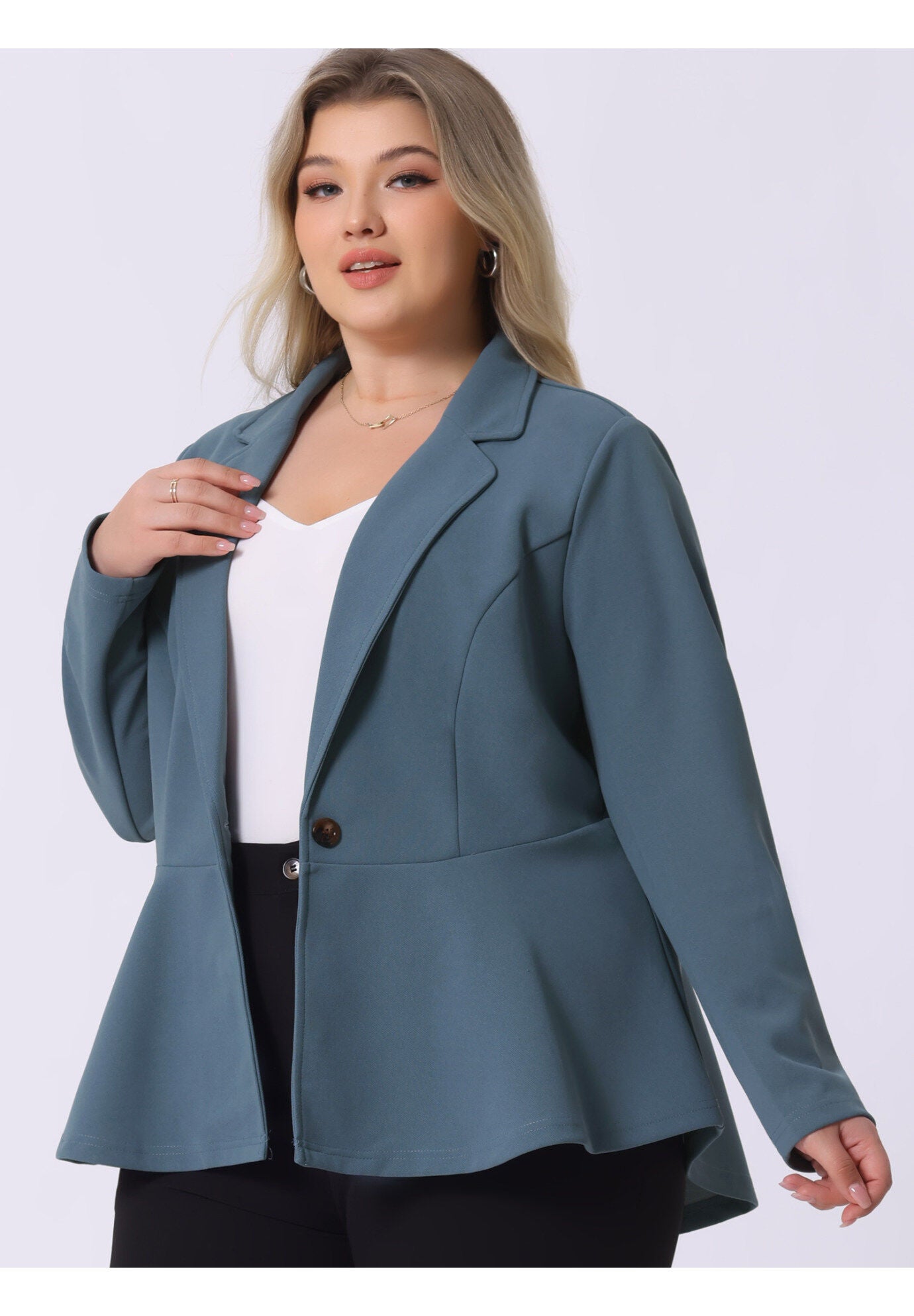 RUFFLE V NECK BUTTON NOTCH PANEL PEPLUM BLAZER, Grey Blue / Dusty Blue, alternate image number 1