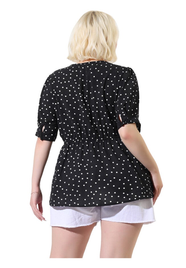 Summer V Neck Wrap Short Sleeve Polka Dots Peplum Top, Black / Black, alternate image number 3