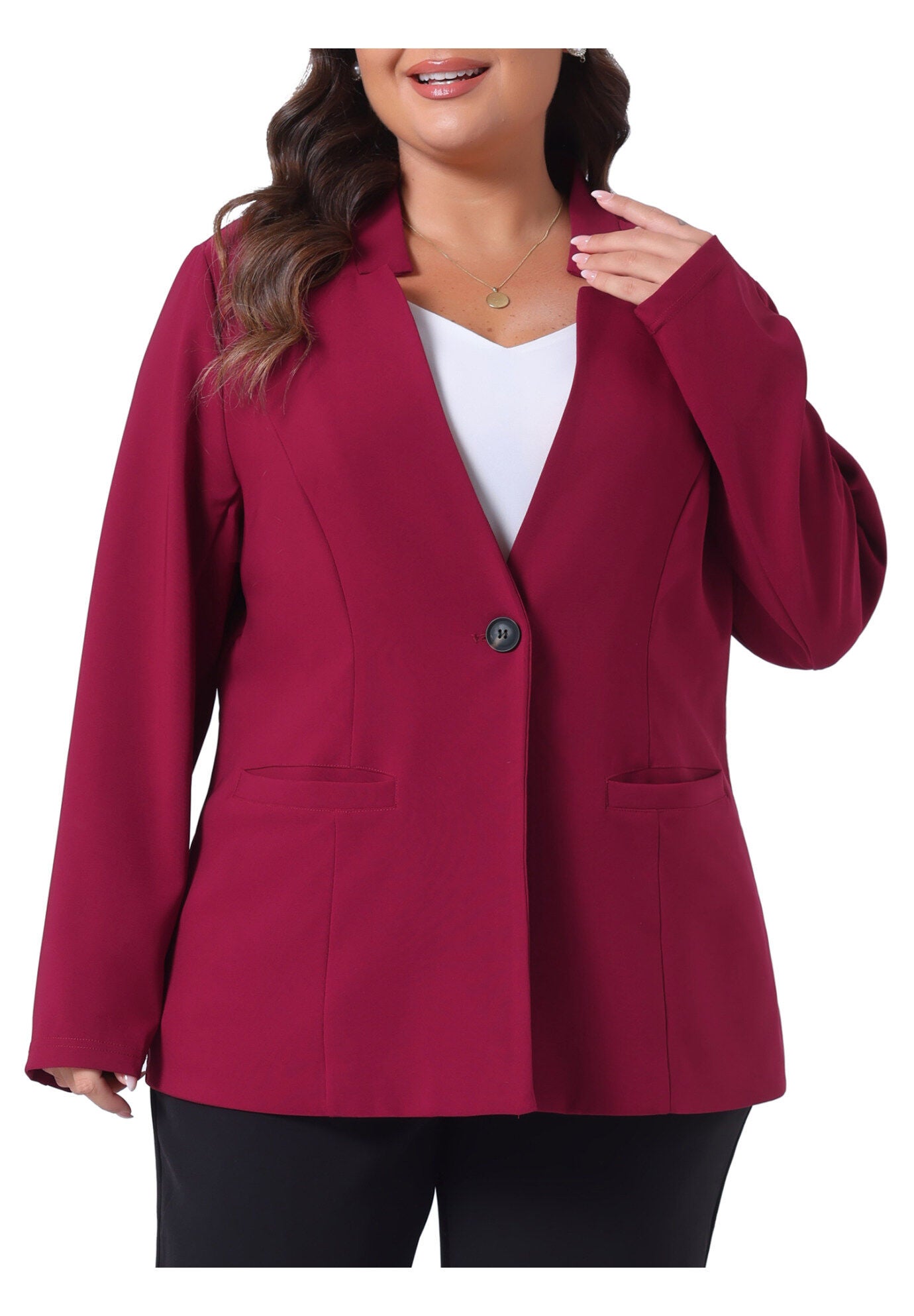 OFFICE WORK BUTTON LONG SLEEVE BLACK BLAZER, Burgundy / Red, alternate image number 1