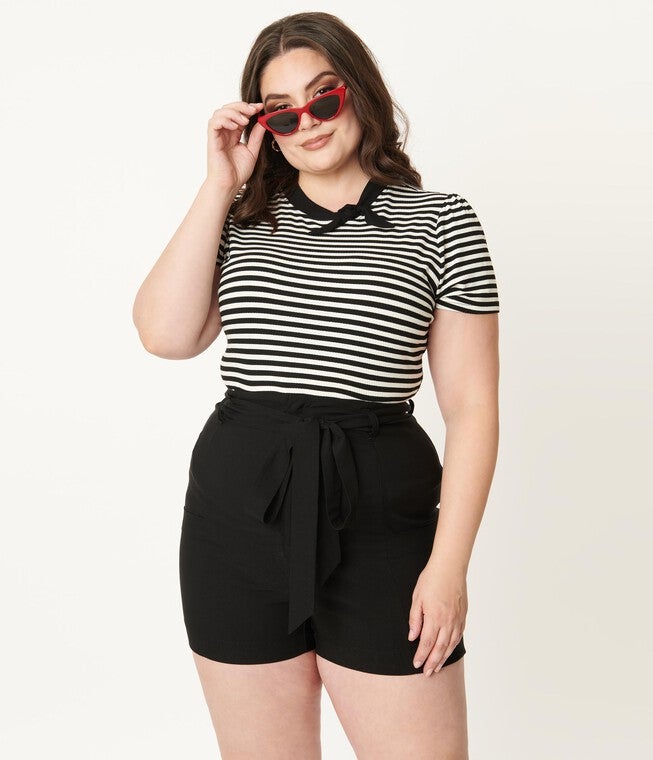 Unique Vintage Black High Waist Tied & True Shorts, , alternate image number 8