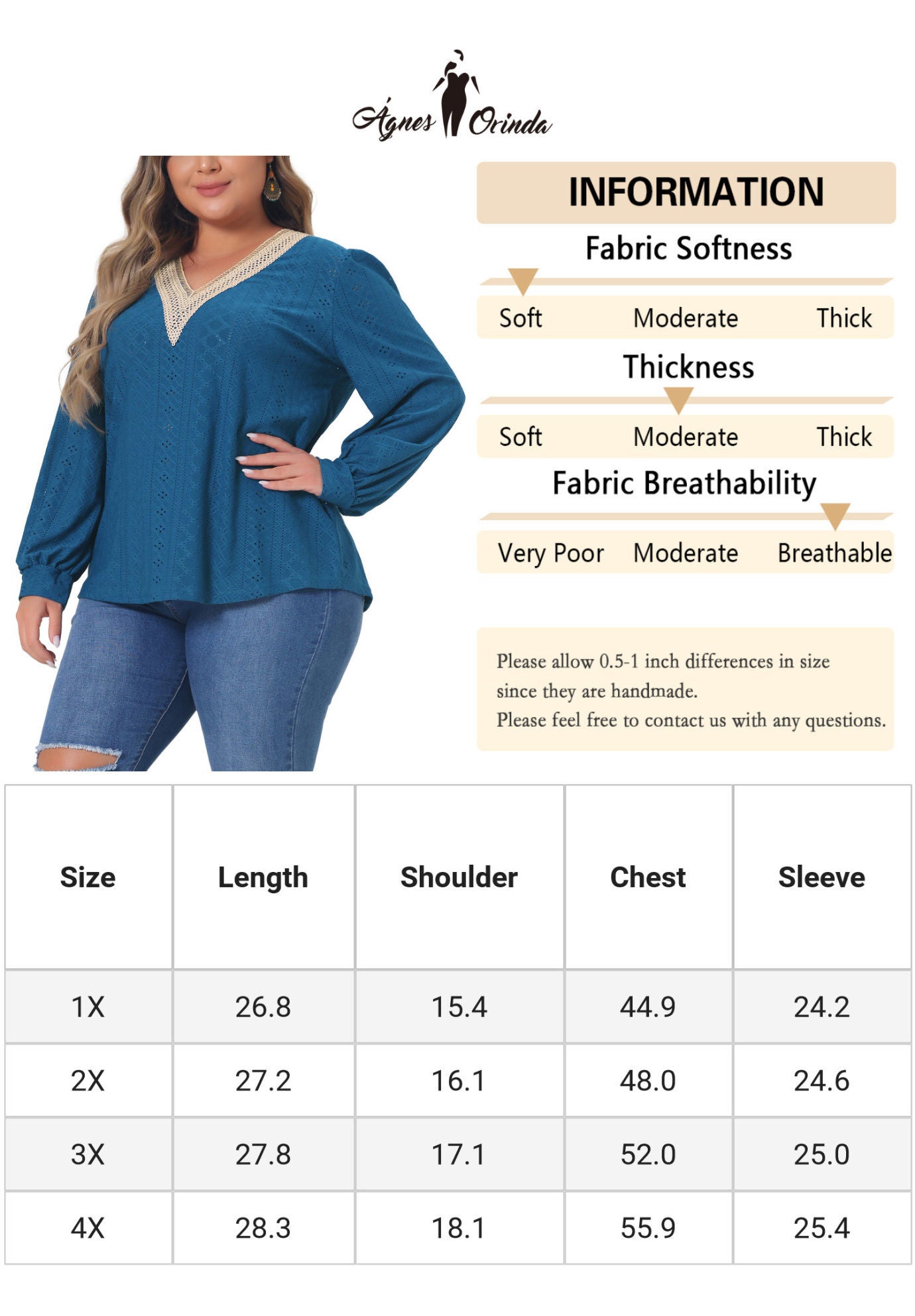 Lace V Neck Petal Long Sleeve Blouse Eyelet Hollow Top, Navy / Navy, alternate image number 4