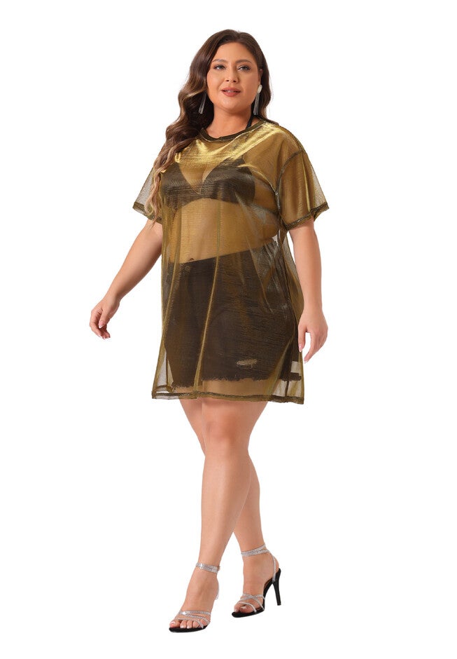 Sheer Mesh Top See Through Holographic Long Tee, Gold / Gold, hi-res image number 0