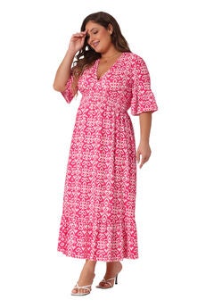 Bell Sleeve Ruffled Hem V Neck Short Sleeve Boho A Line Long Dress