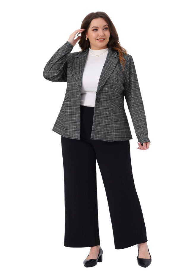 Business Casual Plaid Notched Lapel Blazers with Pockets, Gray / Charcoal Grey, hi-res image number 0