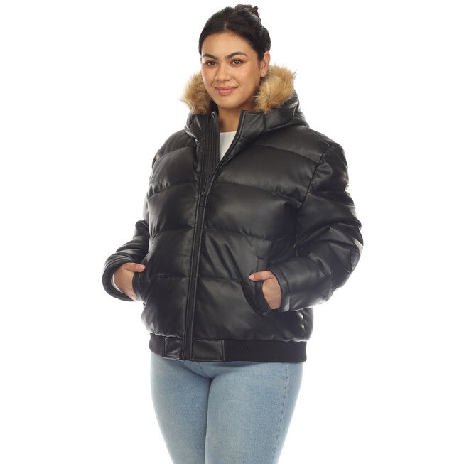 Women's Removable Fur Hoodie Bomber Leather Jacket, Black / Black, alternate image number null