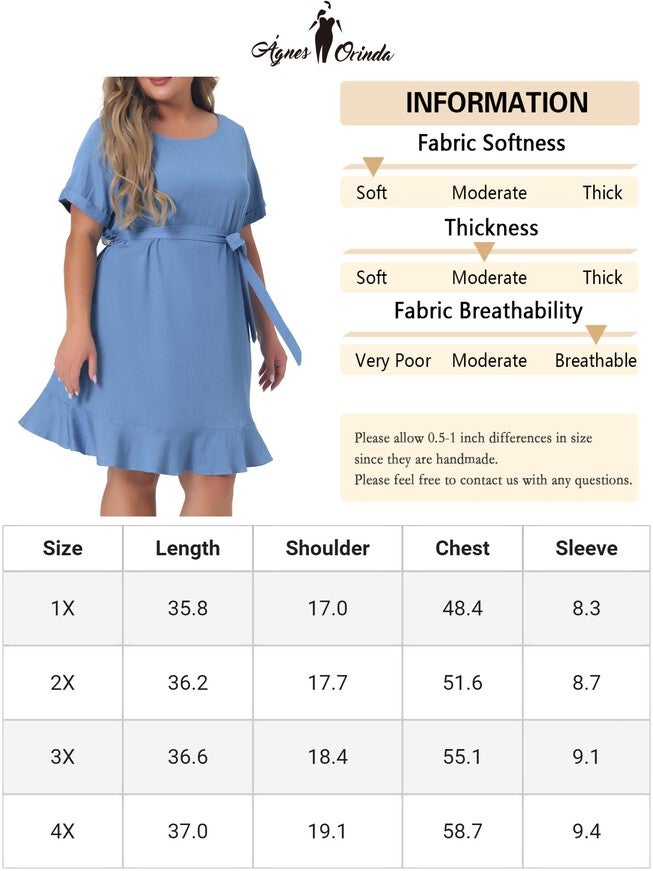 Summer Tie Waist Short Sleeve Sundress Ruffle Midi Chambray Dress, Light Blue / Light Blue, alternate image number 4