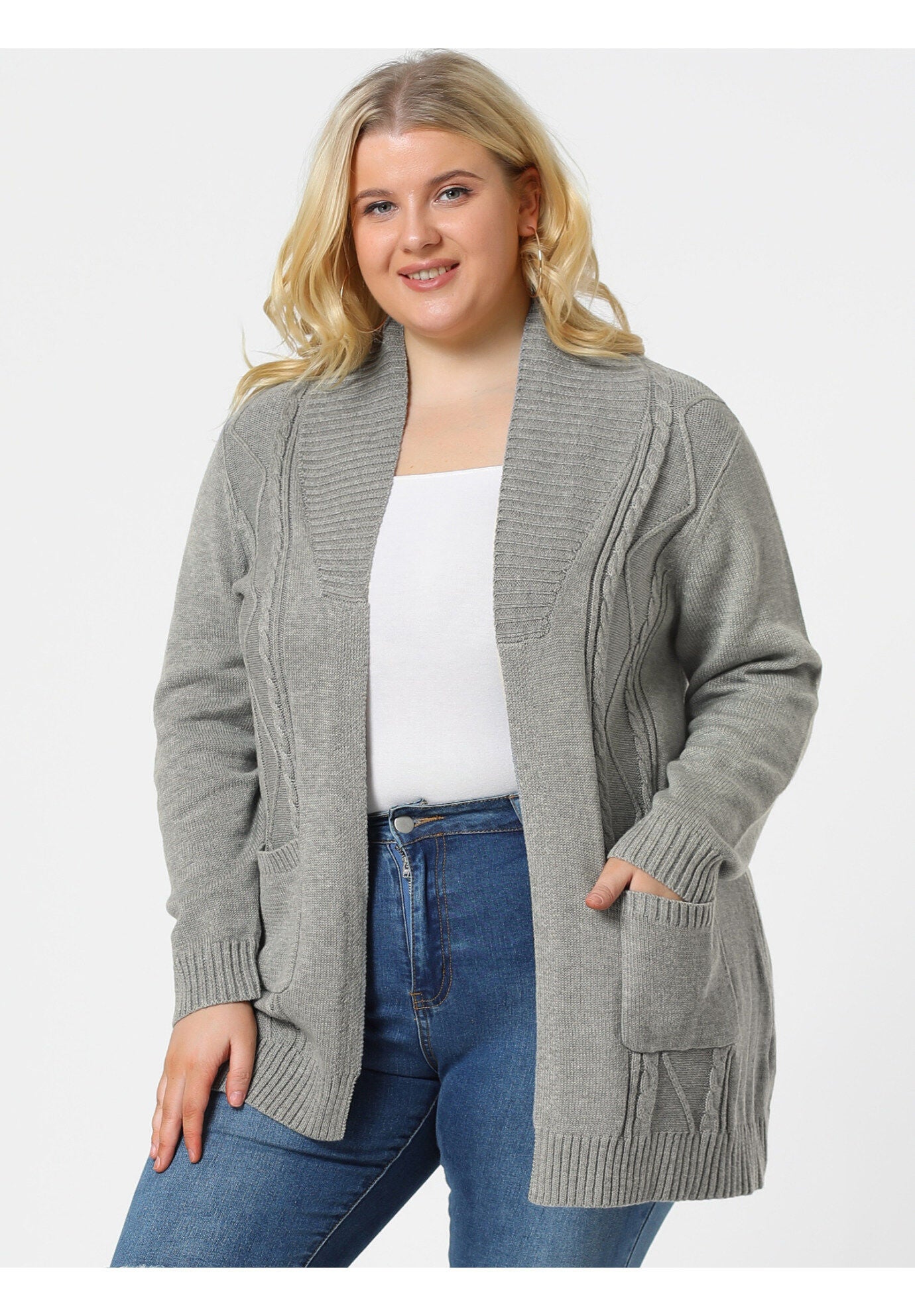 SHAWL COLLAR OPEN FRONT SWEATER CARDIGAN, Light Grey / Light Grey, hi-res image number 0