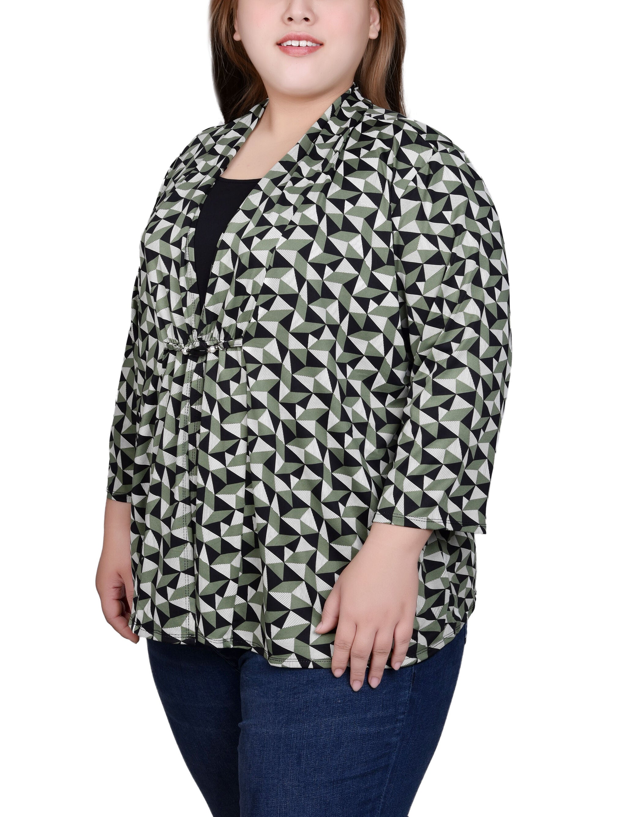 Puff Print 3/4 Sleeve Two-Fer Top, Sage Pryamid, alternate image number 2