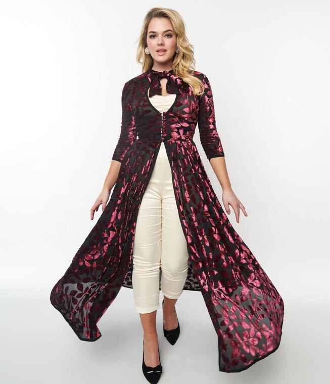 Unique Vintage Burgundy Velvet Burnout Floral Tallullah Duster, Burgundy Floral / Burgundy, alternate image number null