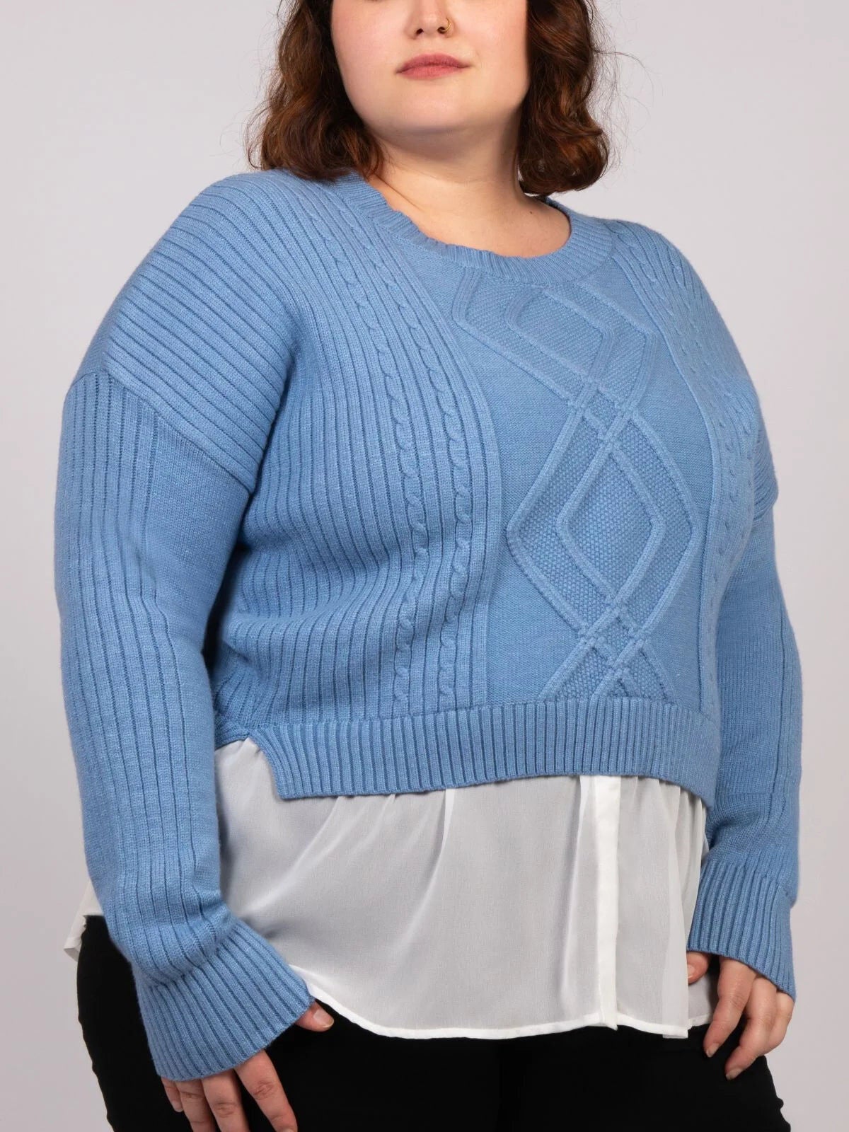 Ophelia Faux Layered Knit Sweater Shirt Effect, Blue / Light Blue, alternate image number 2