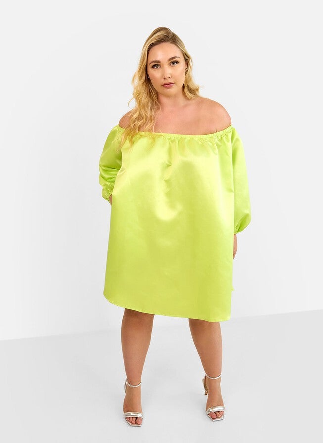 GIULIA OFF SHOULDER MINI SHIFT DRESS - LIME GREEN, Green / Light Green, alternate image number null