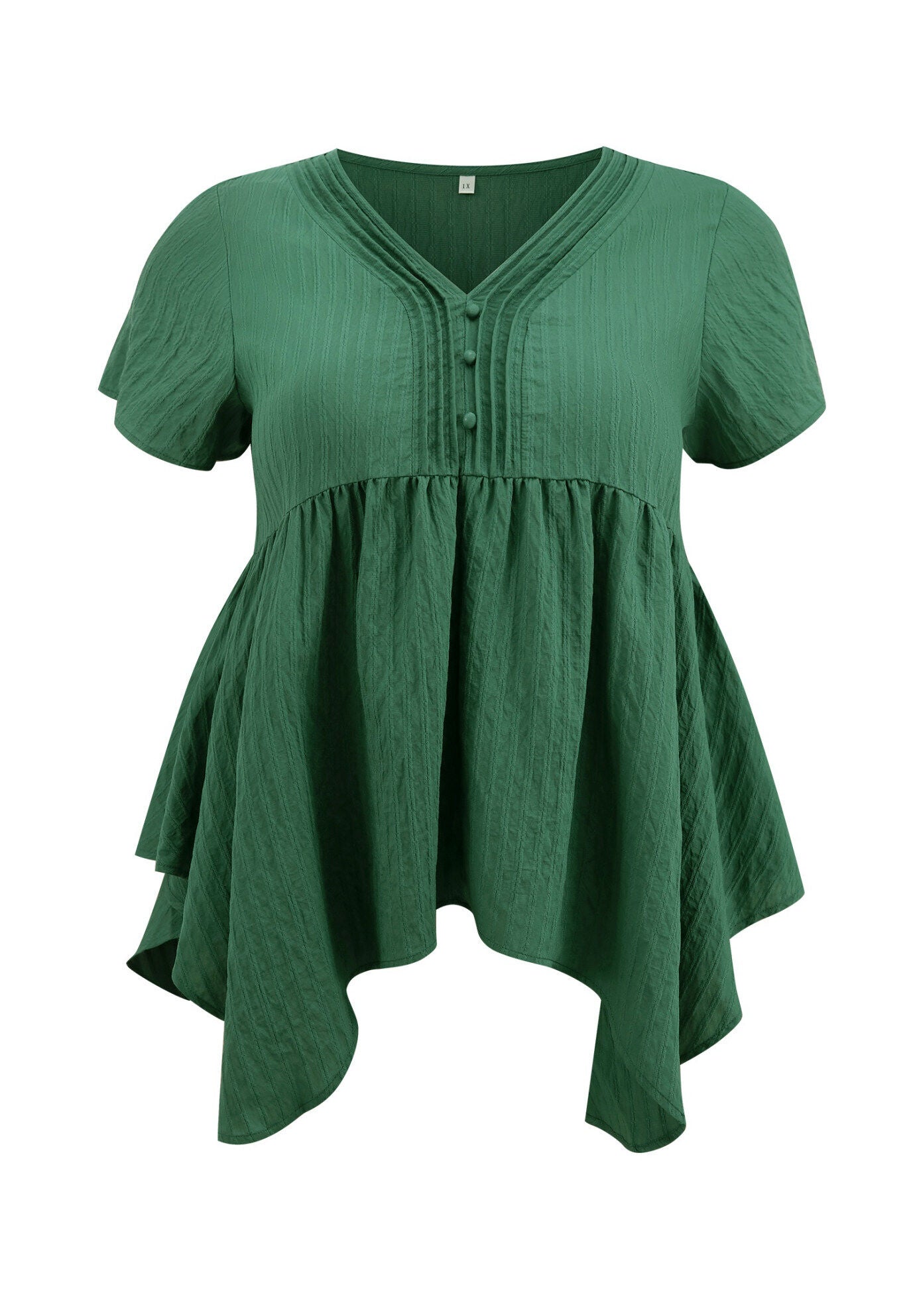 Texture Short Sleeve Pintuck Blouse Button Decor Hanky Asymmetric Hem Top, Dark Green / Forest Green, alternate image number 3