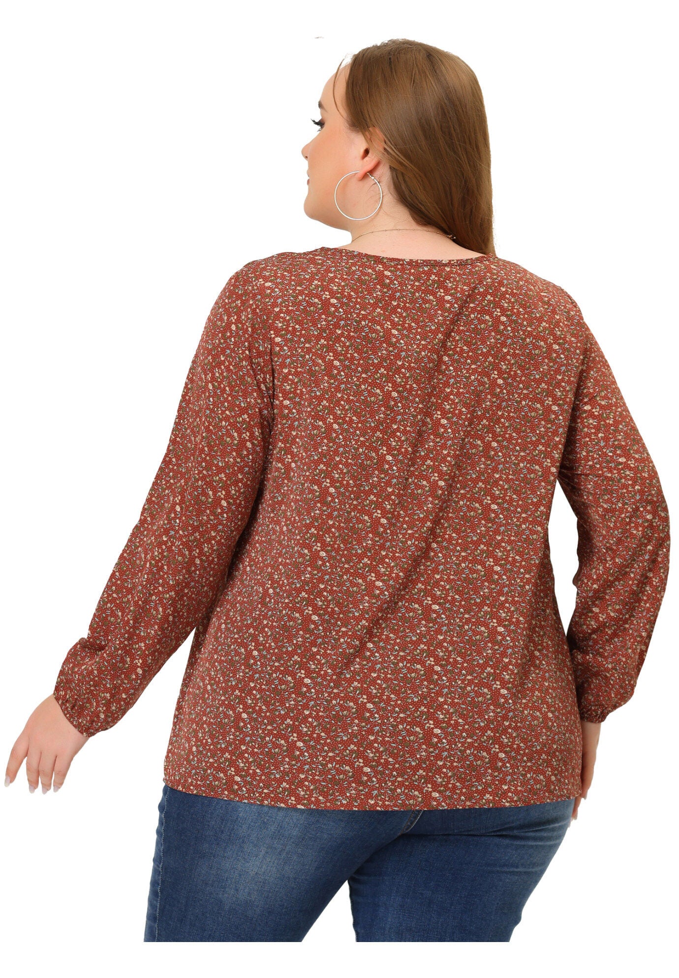 Chiffon Long Sleeve Keyhole Blouse Floral Top, Brown / Brown, alternate image number 3