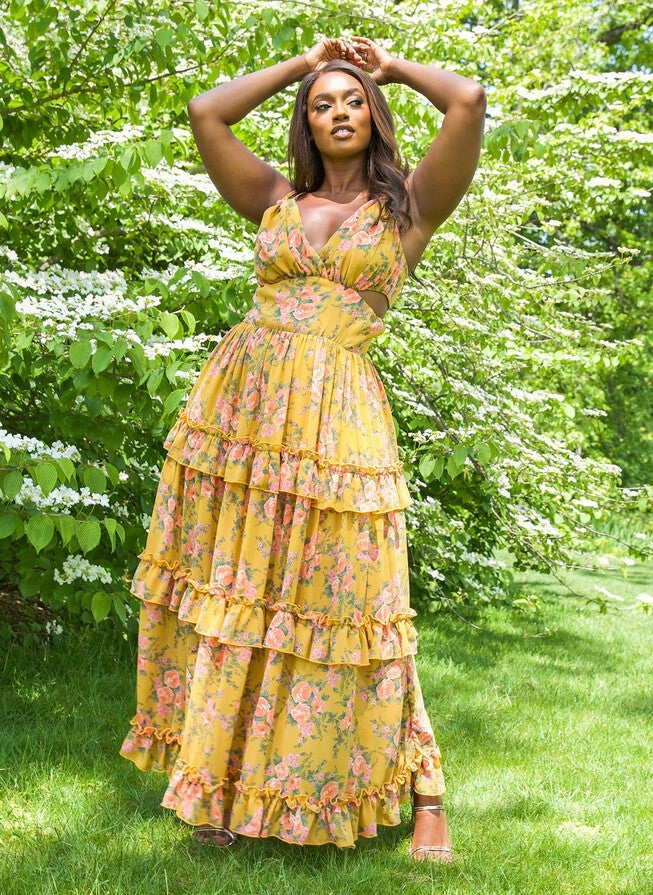 FELICITY FLORAL CUT OUT MAXI SHEATH DRESS, Mustard / Mustard, hi-res image number 0