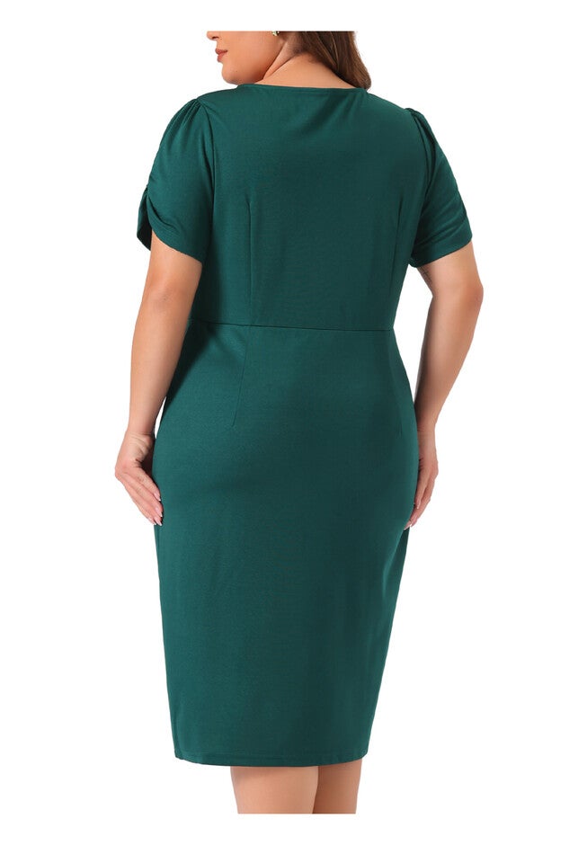 Short Sleeve Above the Knee Sheath Dress, Dark Green / Forest Green, alternate image number 3