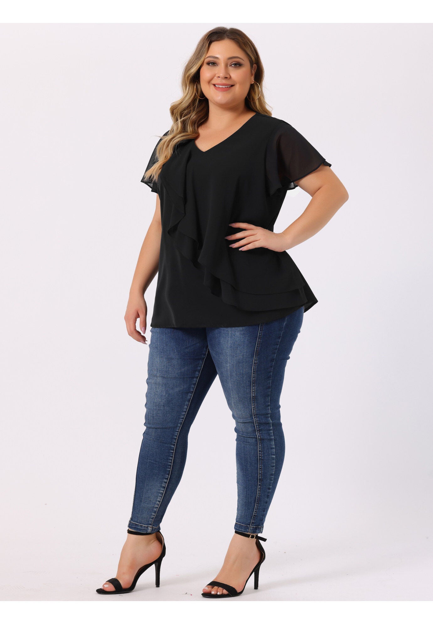 Flutter Sleeves Blouse V Neck Layer Chiffon Ruffle Top, Black / Black, hi-res image number 0