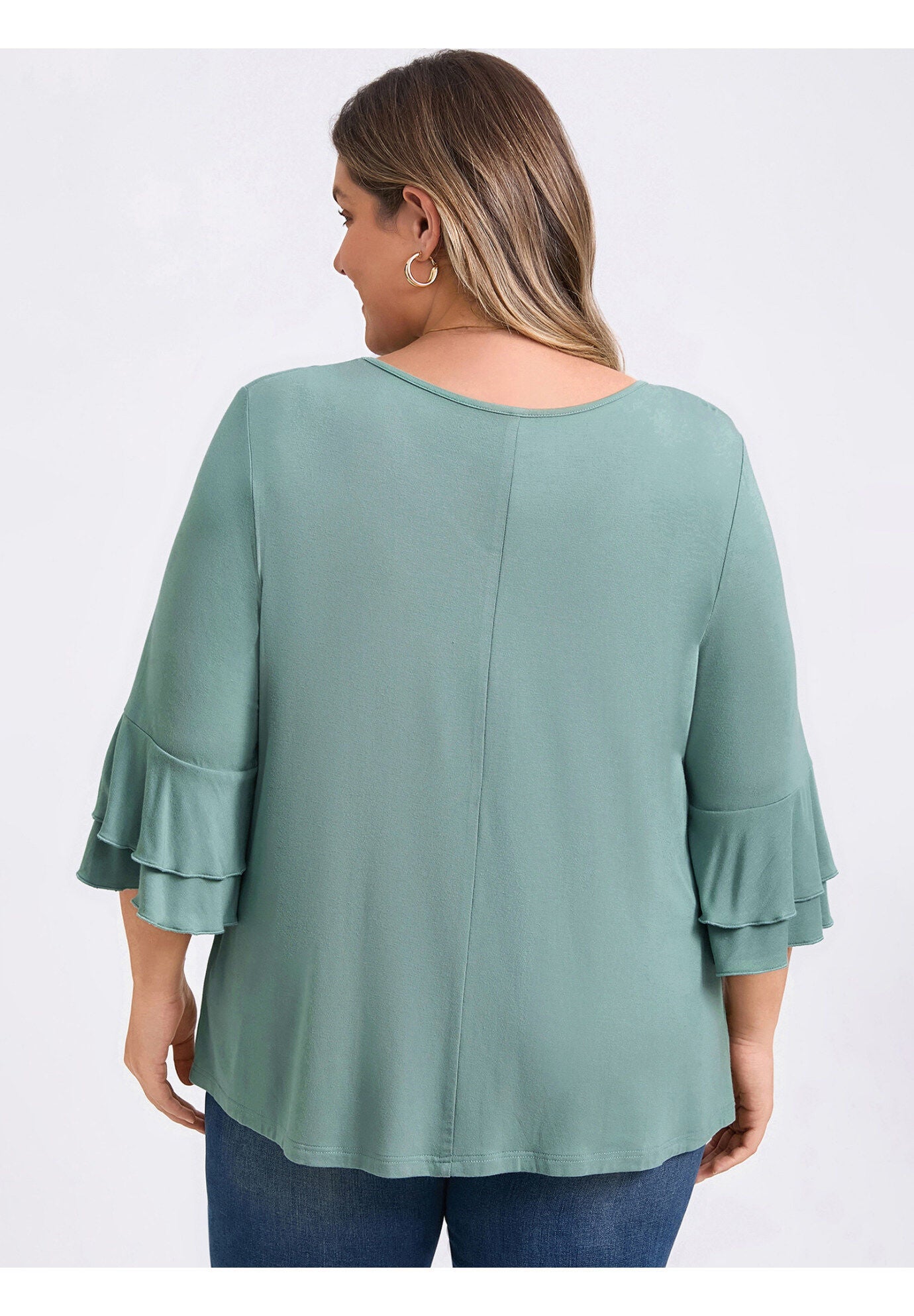 V Neck Double Layered Ruffle 3/4 Sleeve Pleated Front Blouse, Green / Sage Green, alternate image number 2