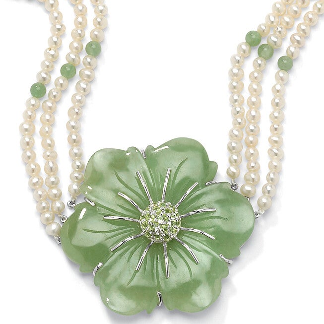 1.20 TCW Jade and Cultured Freshwater Pearl Necklace in .925 Sterling Silver, Green / Hunter Green, hi-res image number null