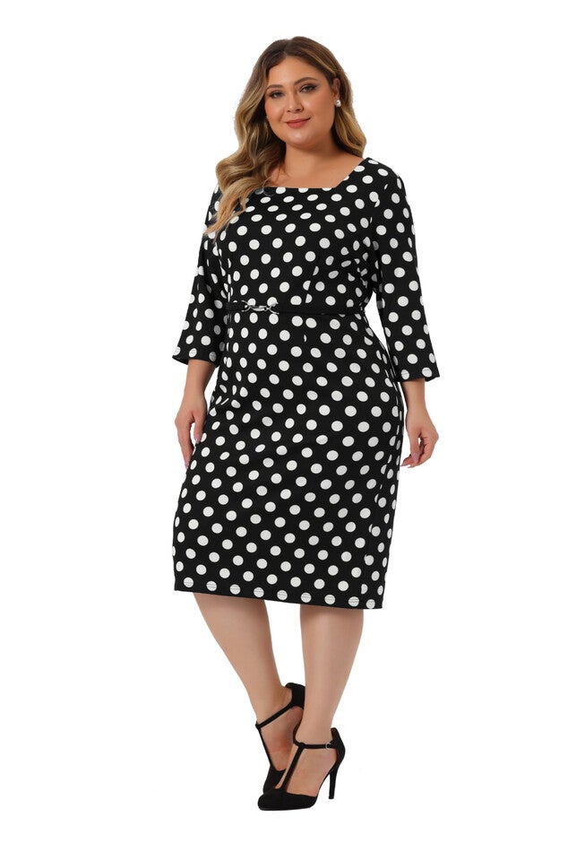 Retro 3/4 Sleeve Polka Dots Bodycon Cocktail Dress, Black White / White, alternate image number 1