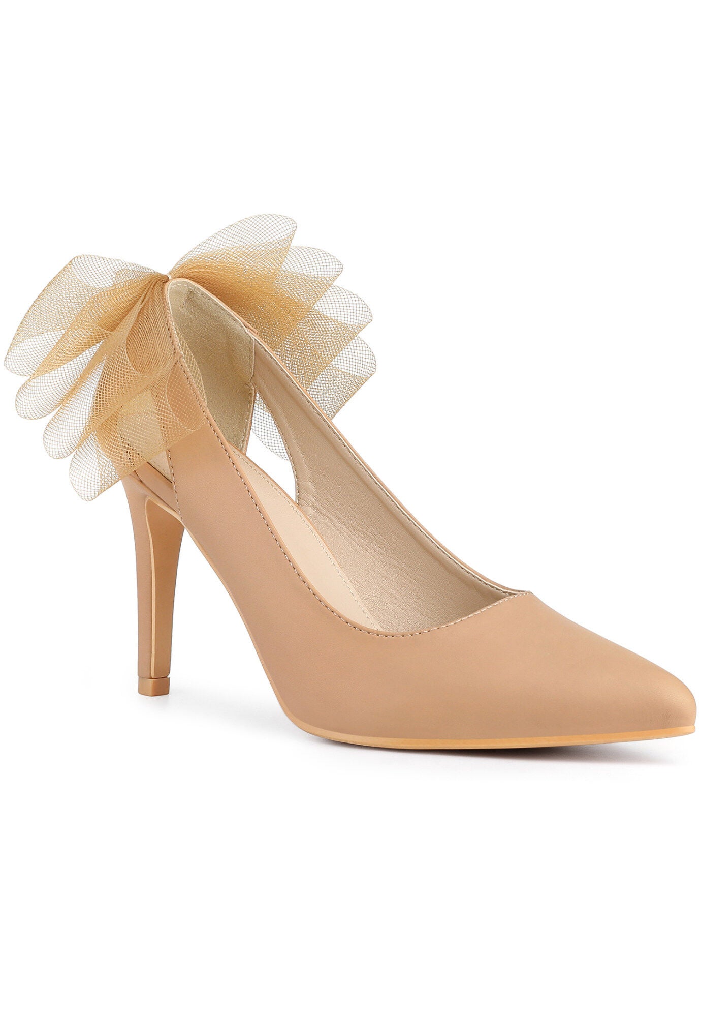 Mesh Bow Pointed Toe Stiletto Heels Pumps, Nude / Beige, hi-res image number 0