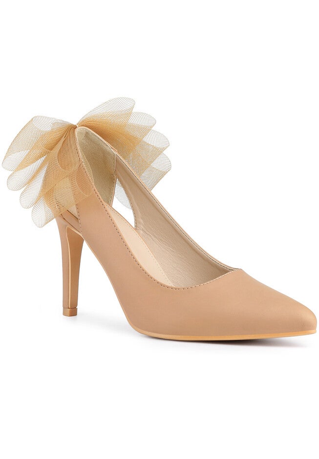 Mesh Bow Pointed Toe Stiletto Heels Pumps, Nude / Beige, hi-res image number 0