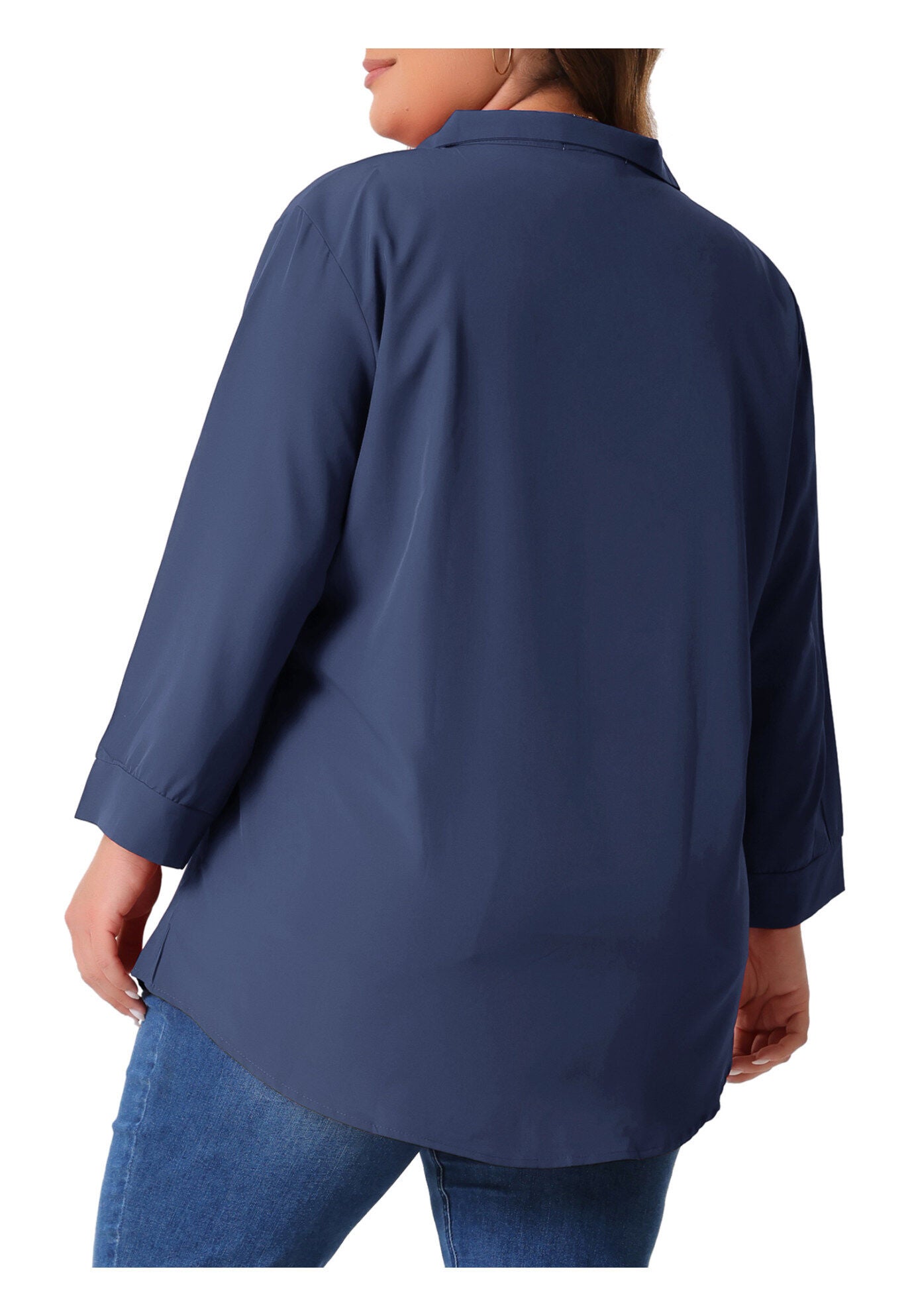 V Neck 3/4 Sleeve Flowy Blouse Work Chiffon Shirt, Dark Blue / Navy, alternate image number 3