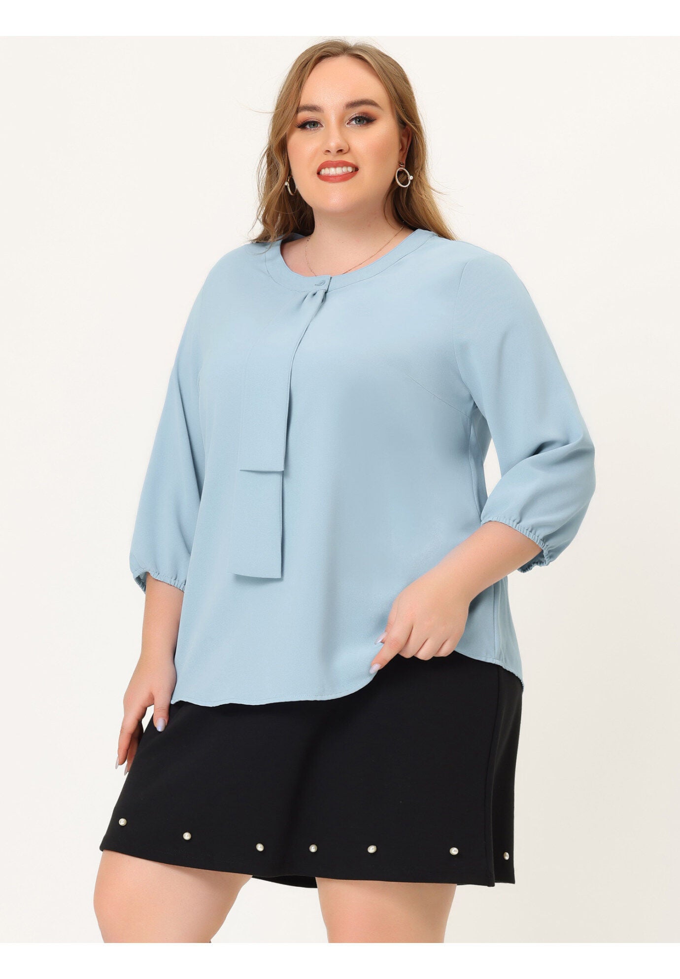 Work Round Neck Ruffle Chiffon Blouse Top, Baby Blue / Light Blue, alternate image number 1