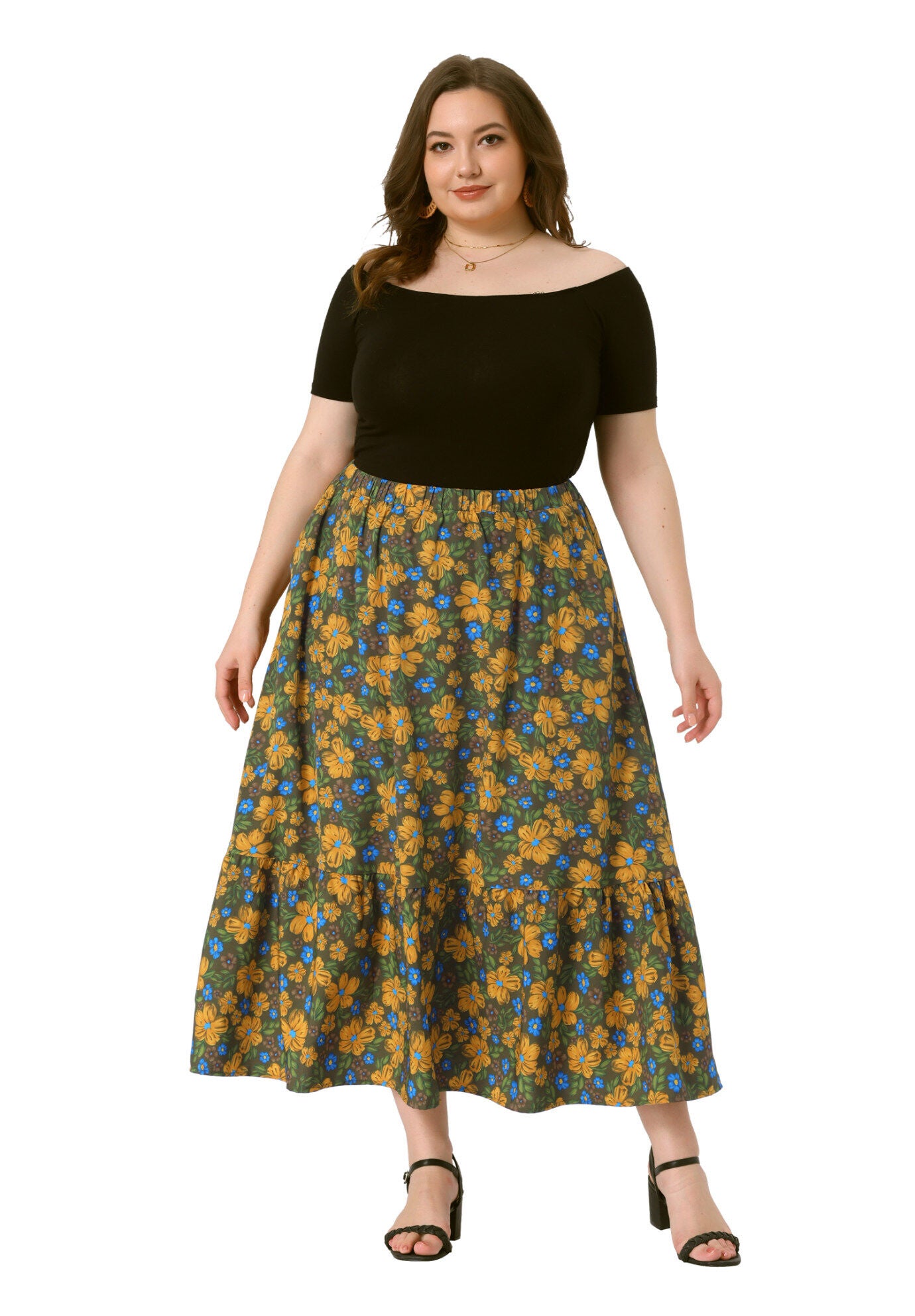 Summer Floral Flowy Stretchy Waist Layered A Line With Pocket Maxi Skirt, Green Yellow / Brown, hi-res image number 0