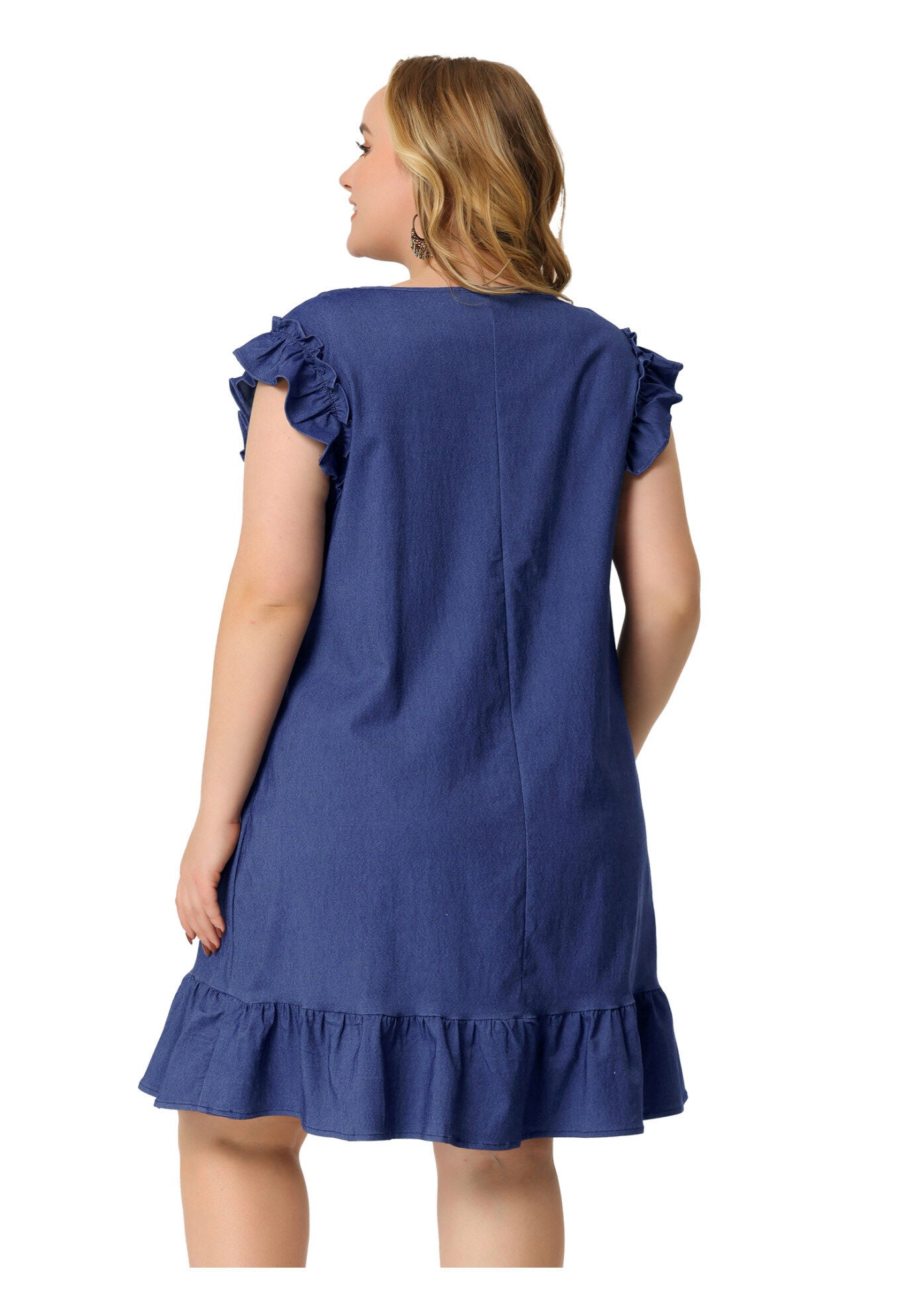 Summer Ruffle Hem Flared Short Sleeve V Neck Chambray Dress, Blue / Chambray Denim Medium, alternate image number 3